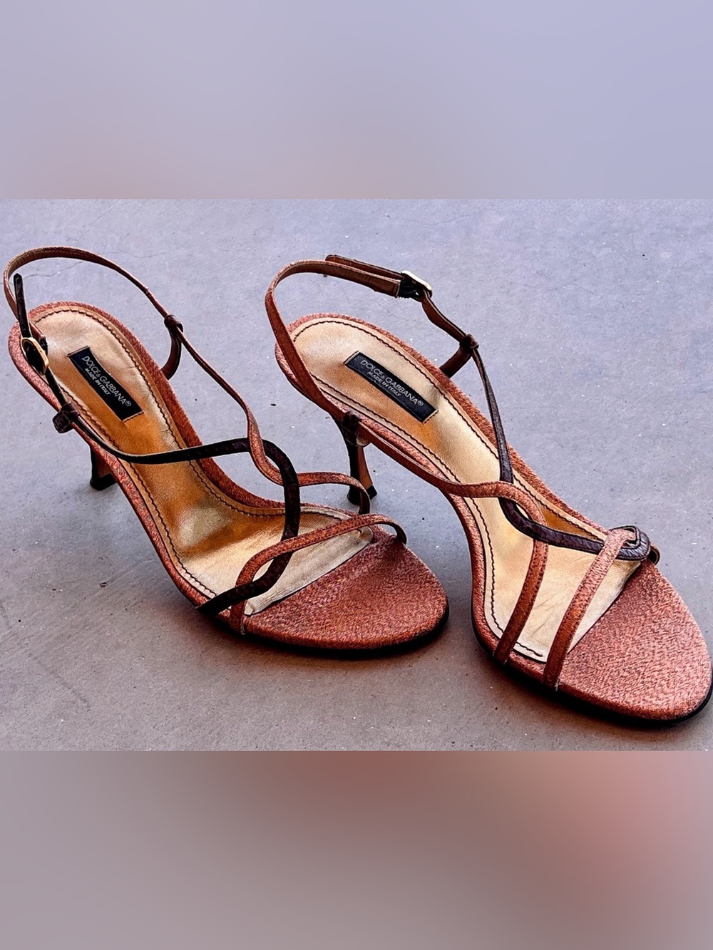 Dolce & Gabbana Bronze Metallic Snakeskin Effect Strappy Stiletto Sandals 38.5